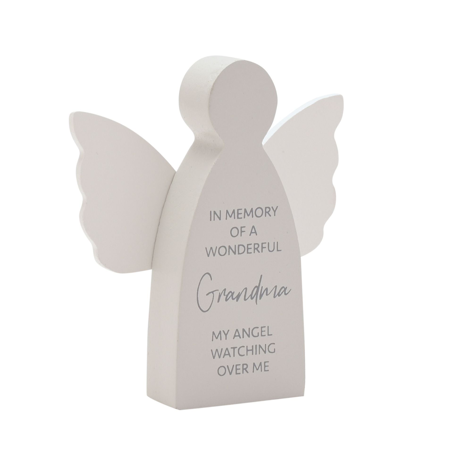 Memorial angel figurine with engraved text on a white background