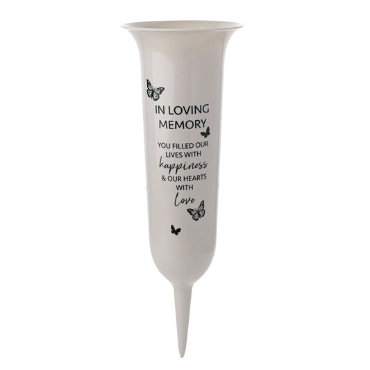 White vase with 'In Loving Memory' text and butterfly designs on a white background