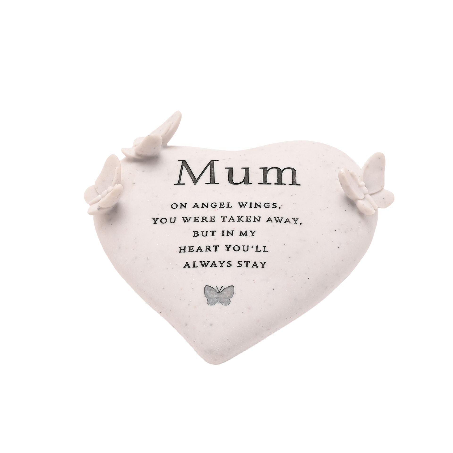 Heart-shaped memorial with 'Mum' and a quote on a white background