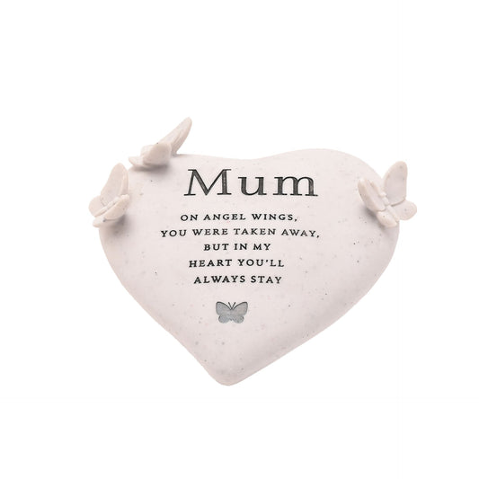 Heart-shaped memorial with 'Mum' and a quote on a white background