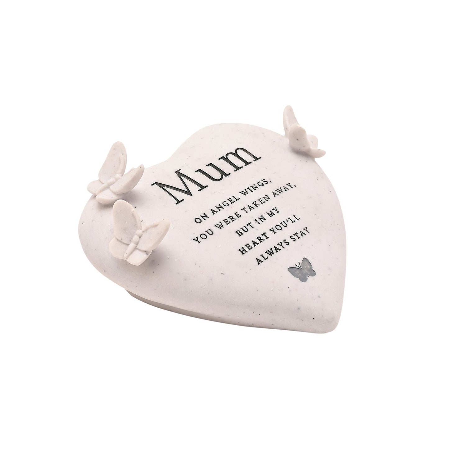 Heart-shaped memorial with 'Mum' text and butterfly designs on a white background