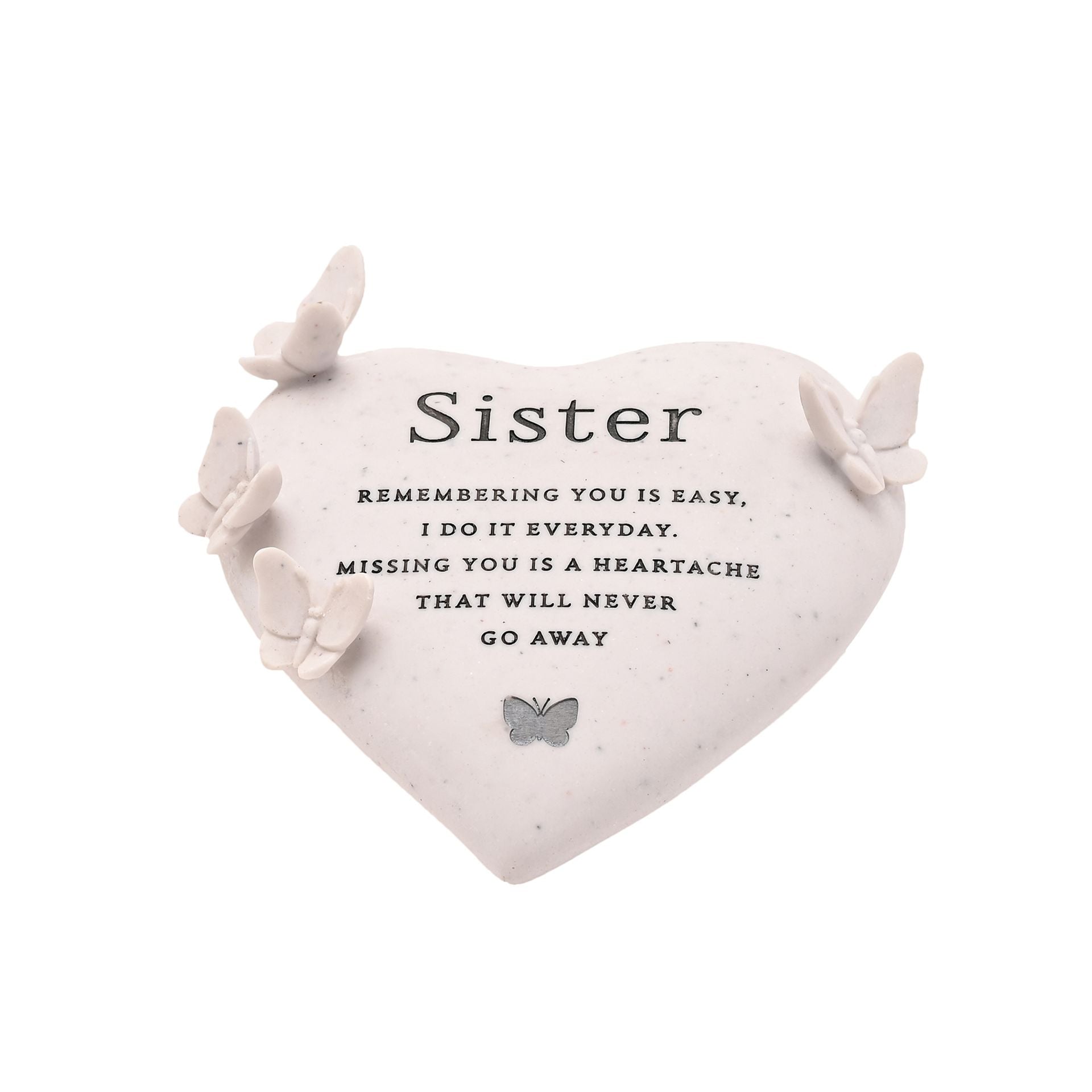 Heart-shaped pillow with butterfly decorations and a sentimental message for sisters on a white background