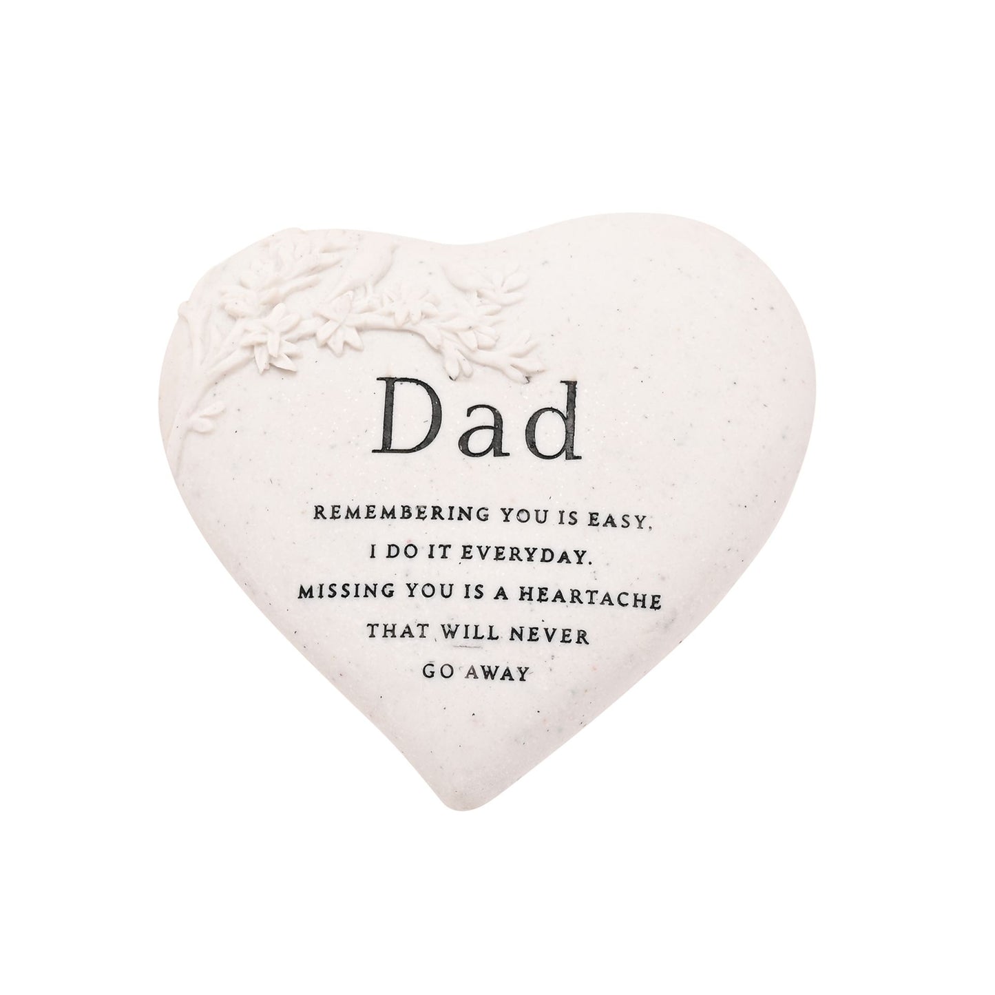 Heart-shaped plaque with 'Dad' and a sentimental message on a white background