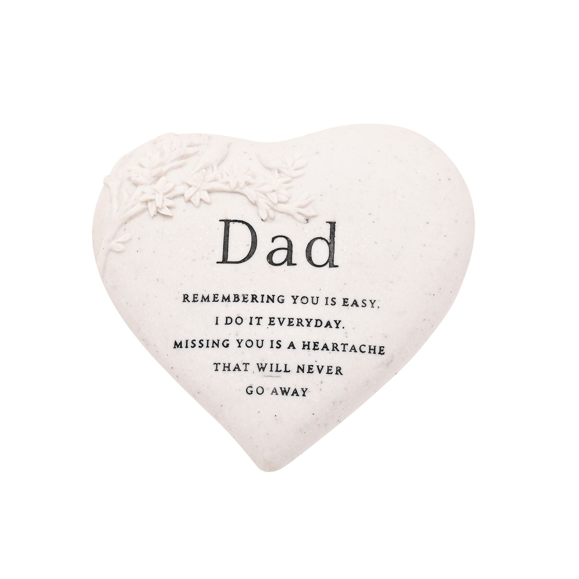 Heart-shaped plaque with 'Dad' and a sentimental message on a white background