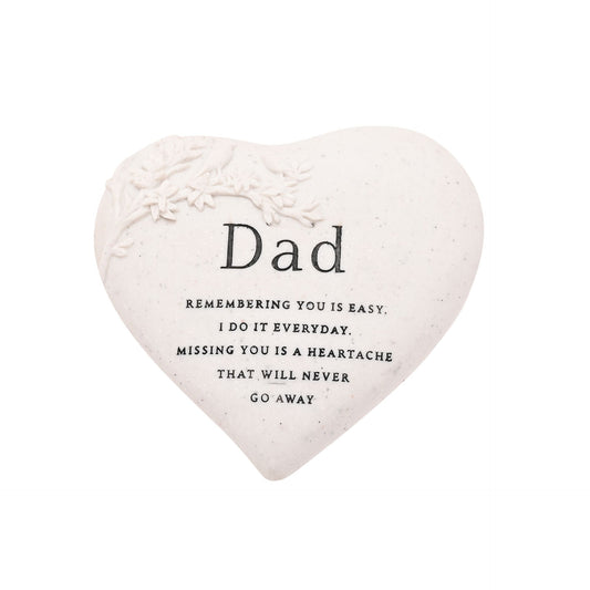 Heart-shaped plaque with 'Dad' and a sentimental message on a white background