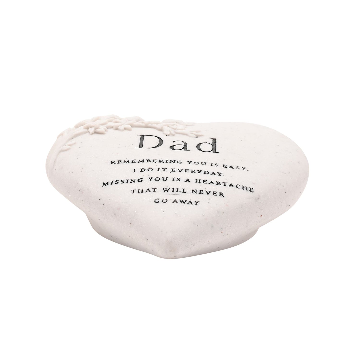 Heart-shaped stone with a message for Dad on a white background