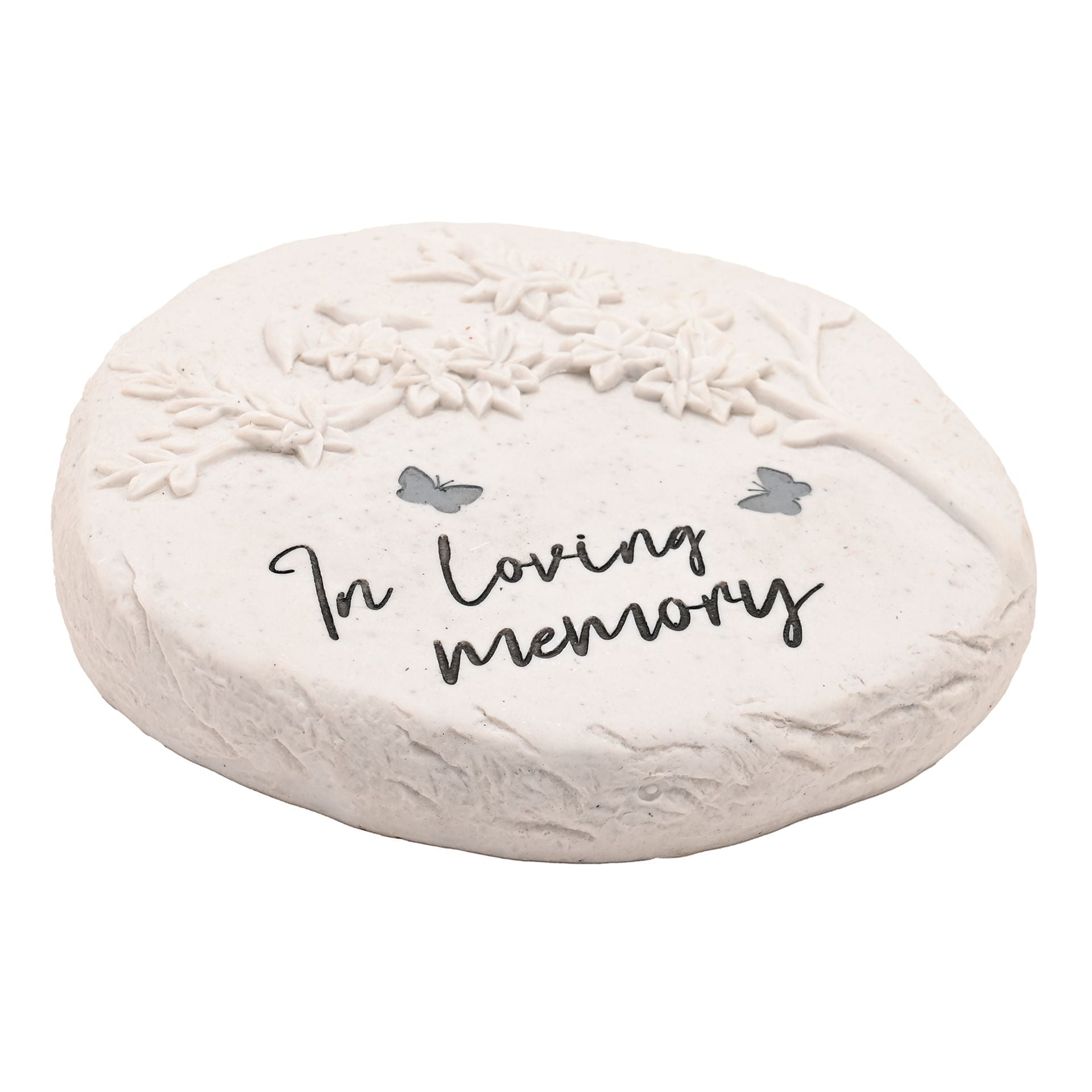 Round white stone with 'In loving memory' text and butterfly designs on a white background