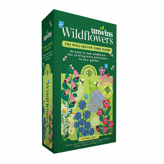 Unwins Wildflowers pollinator seed blend packaging on a white background