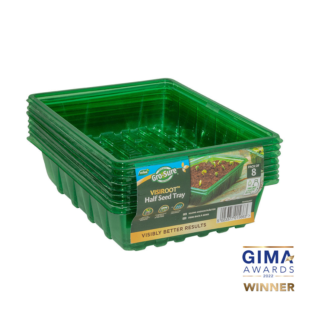 Stack of Gro-Sure VisiRoot Half Seed Trays on a white background with GIMA Awards logo.