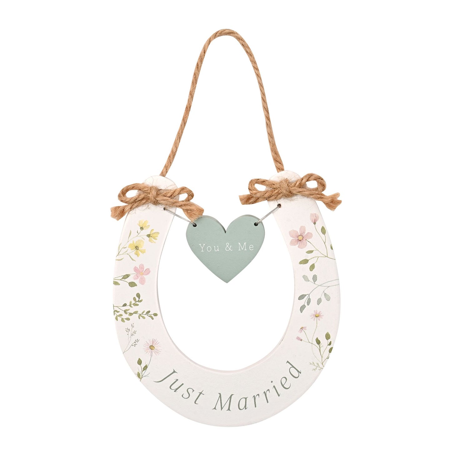 Decorative wall hanging with floral design, heart-shaped tag, and 'Just Married' text on a white background.