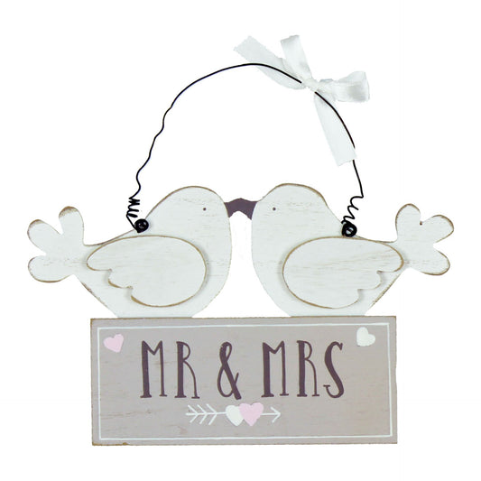 Decorative sign with two birds and 'MR & MRS' text on a white background