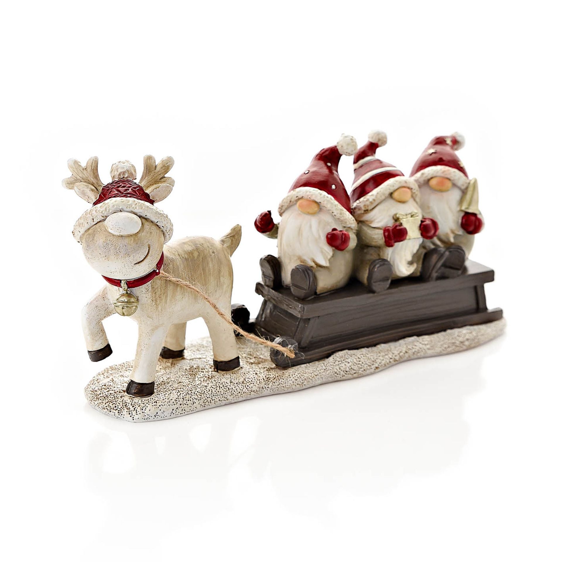 Decorative figurine of a reindeer pulling a sleigh with four gnomes on a white background