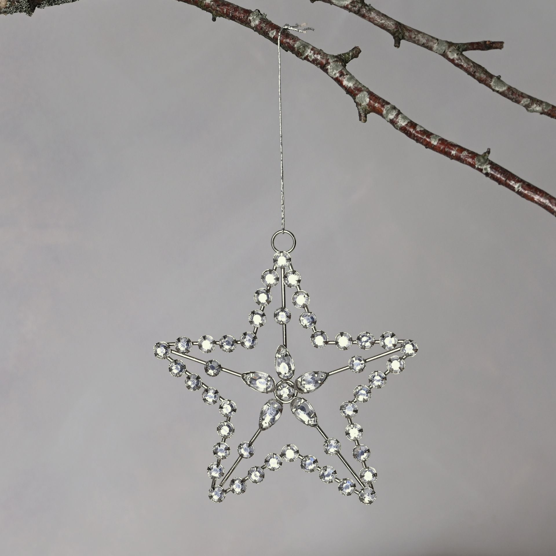 Decorative star hanging from a branch against a gray background