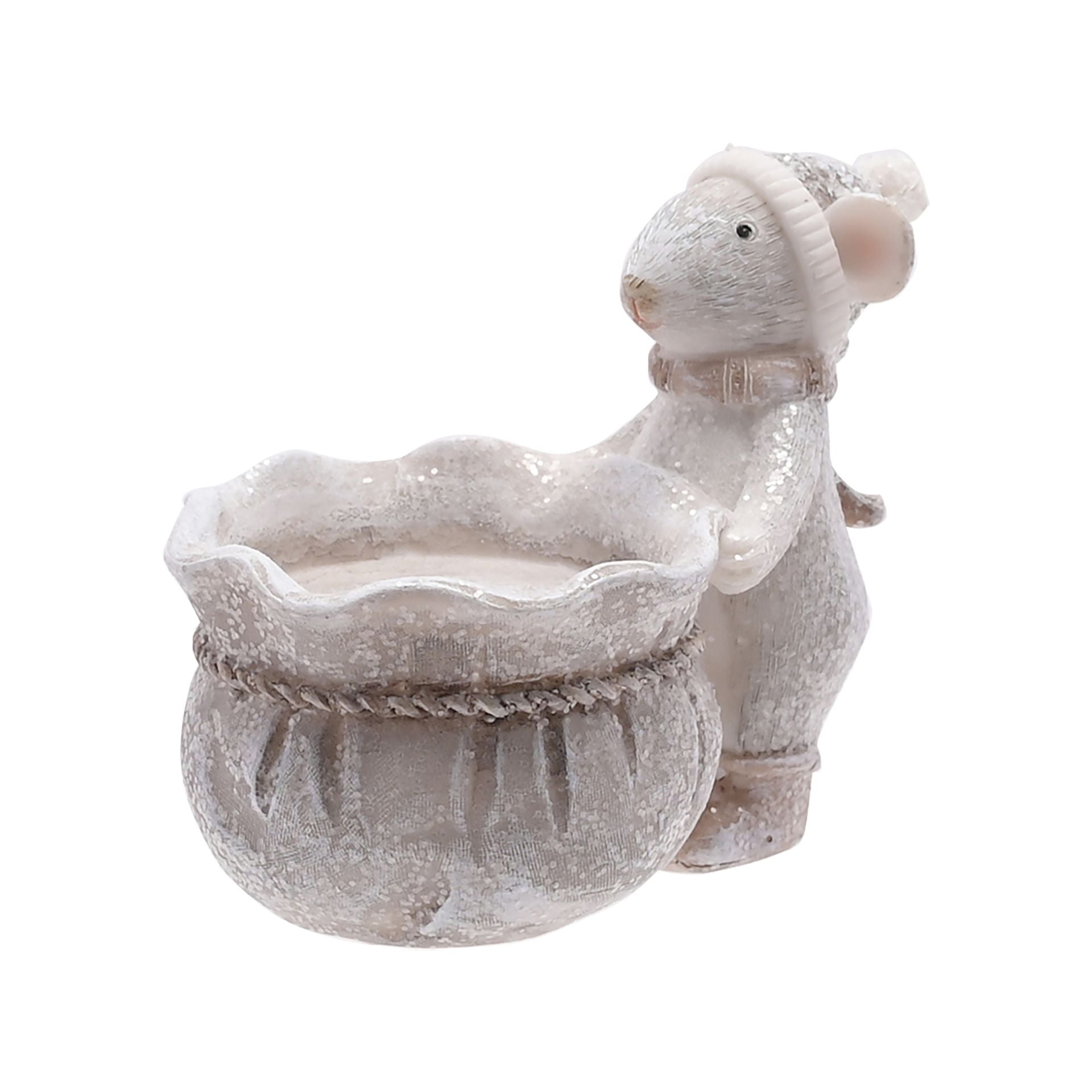 Decorative mouse tealight holder with textured finish on a white background