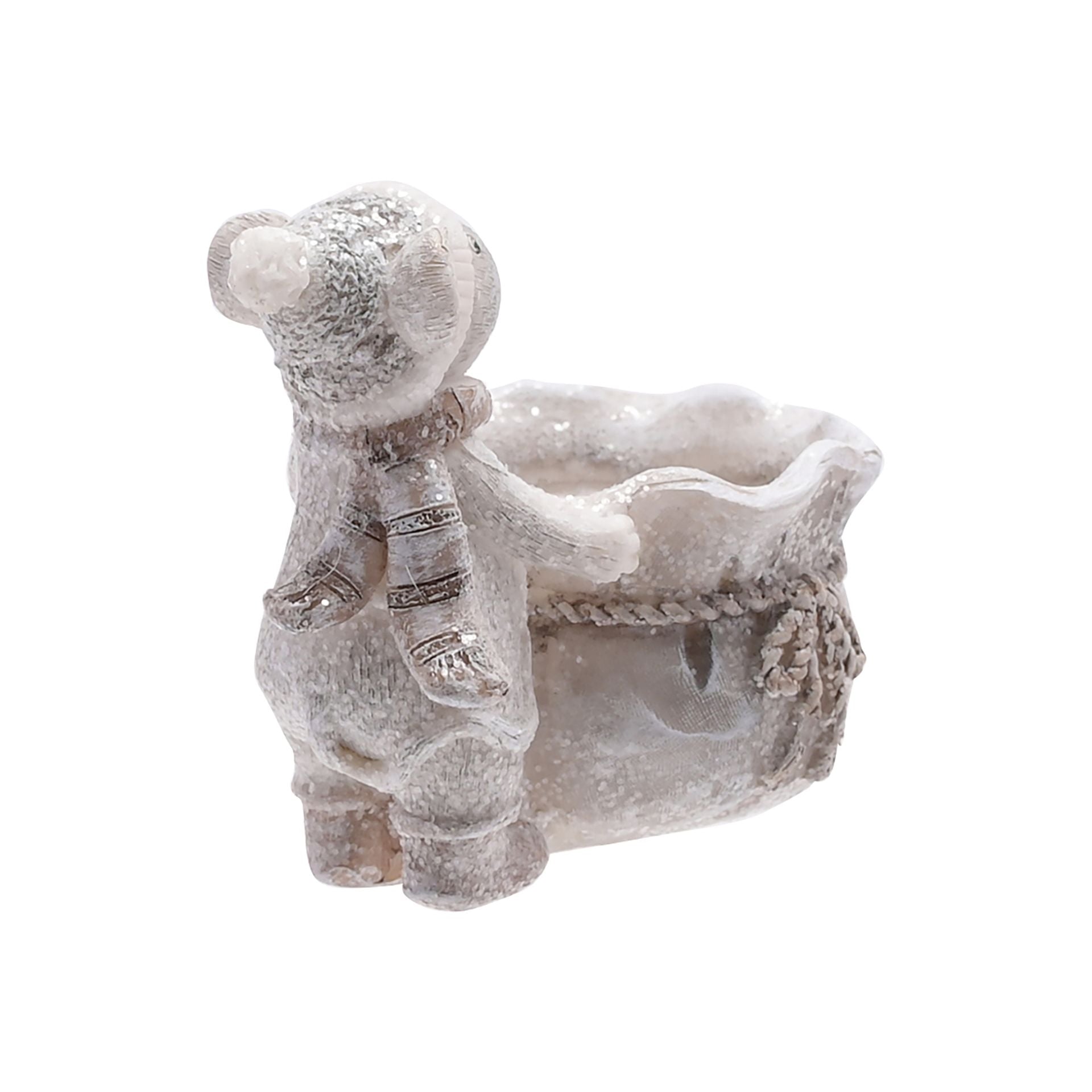 Back of decorative mouse tealight holder with textured finish on a white background