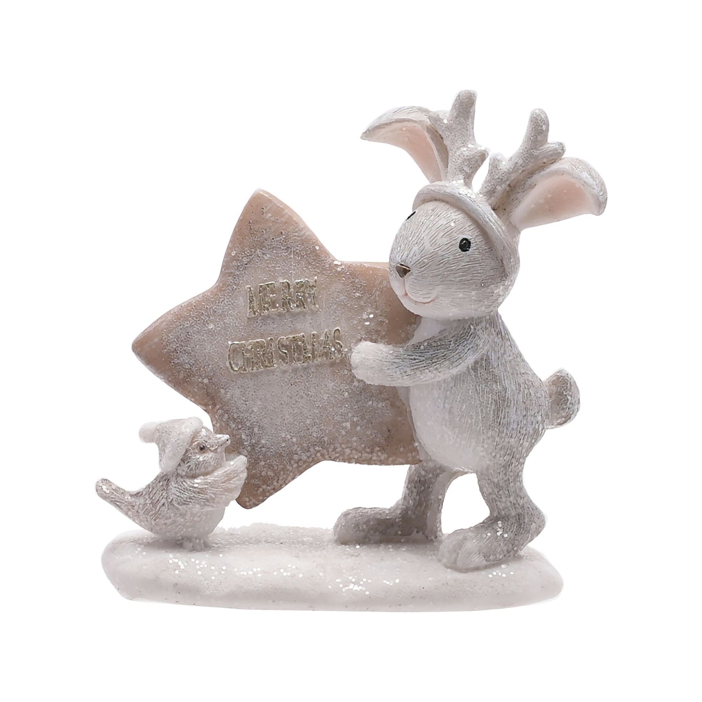 Decorative figurine of a rabbit and bird with a star-shaped Christmas decoration on a white background