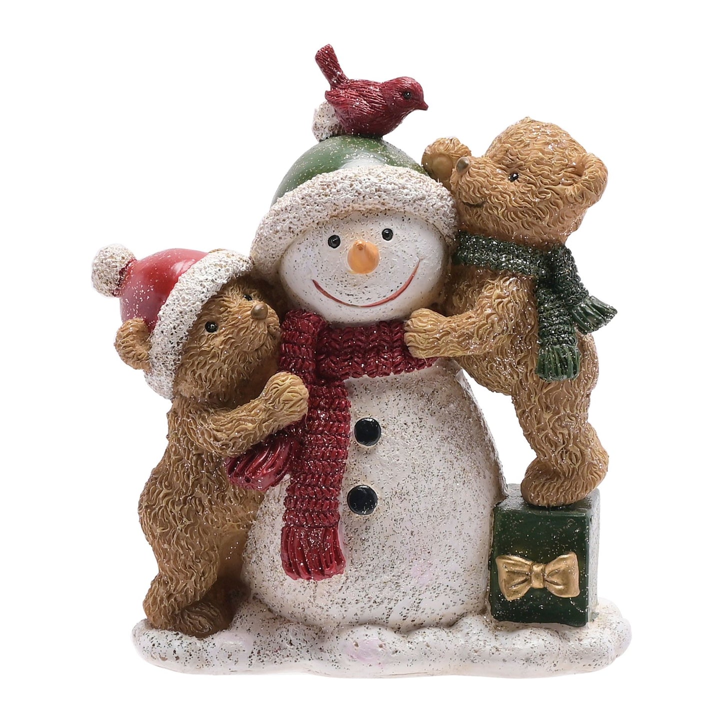 Decorative figurine of a snowman with two bears and a bird on a white background