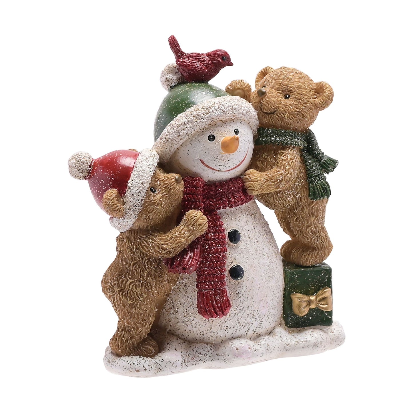 Decorative figurine of a snowman with two bears and a bird on a white background