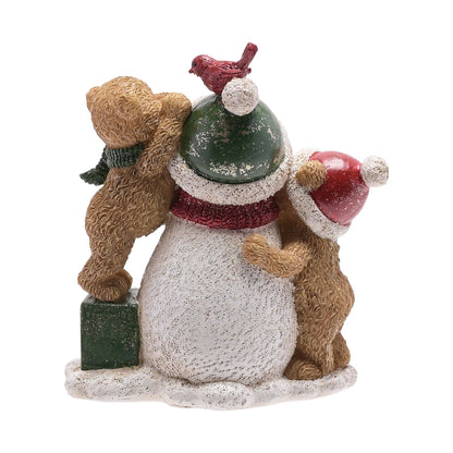 Decorative figurine of a snowman with two bears and a bird on a white background