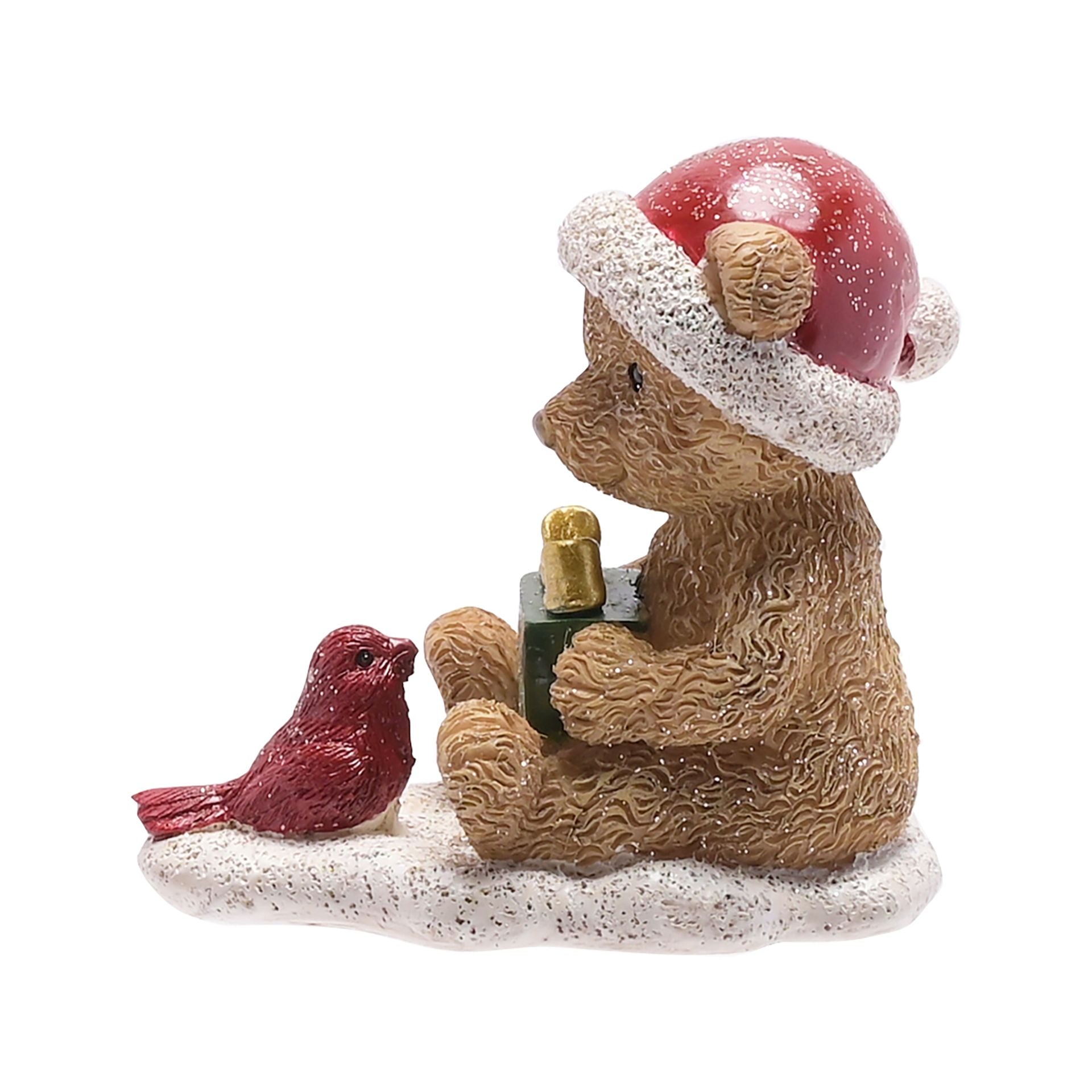 Christmas-themed figurine of a bear and bird with a Santa hat on a white background
