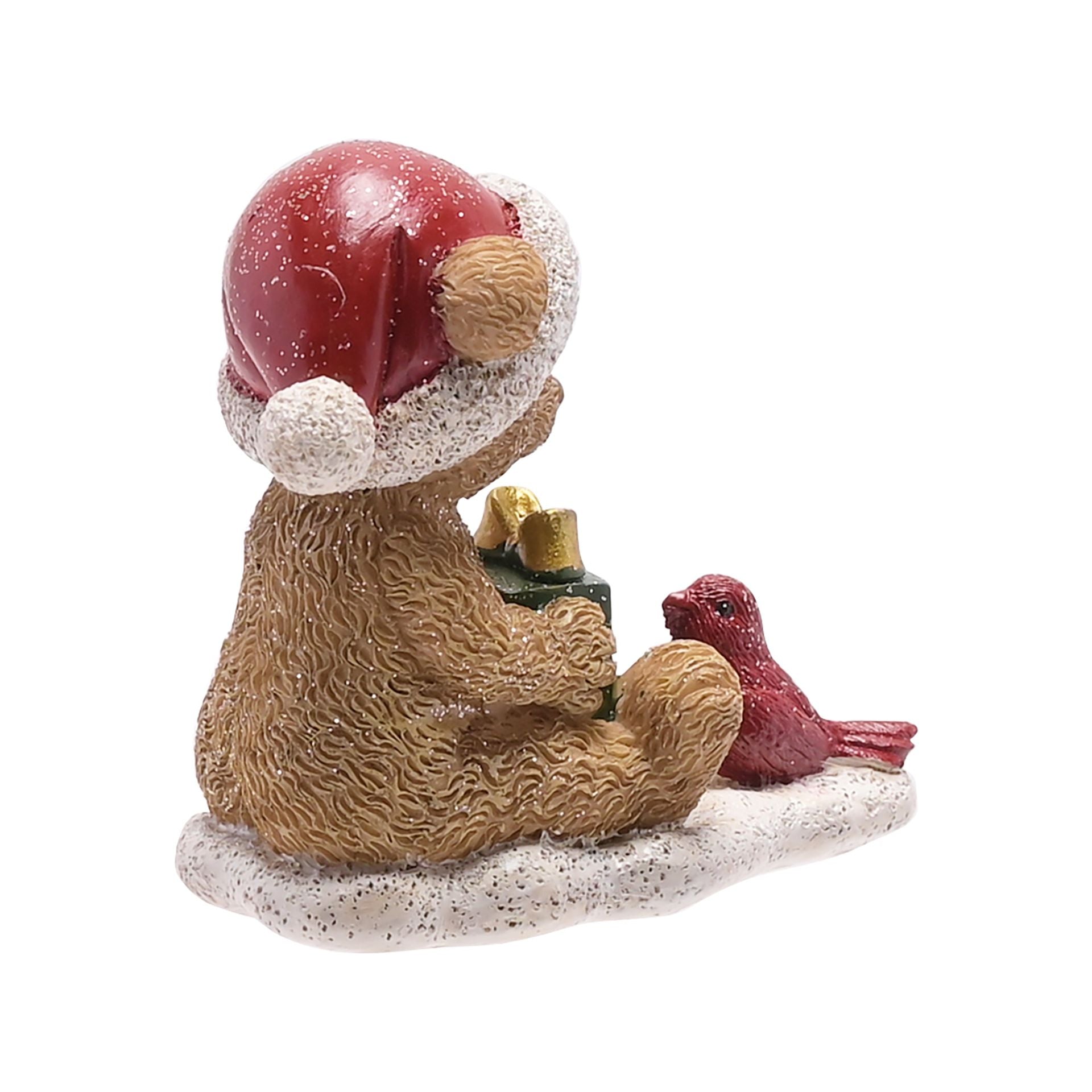 Christmas-themed figurine of a bear and bird with a Santa hat on a white background