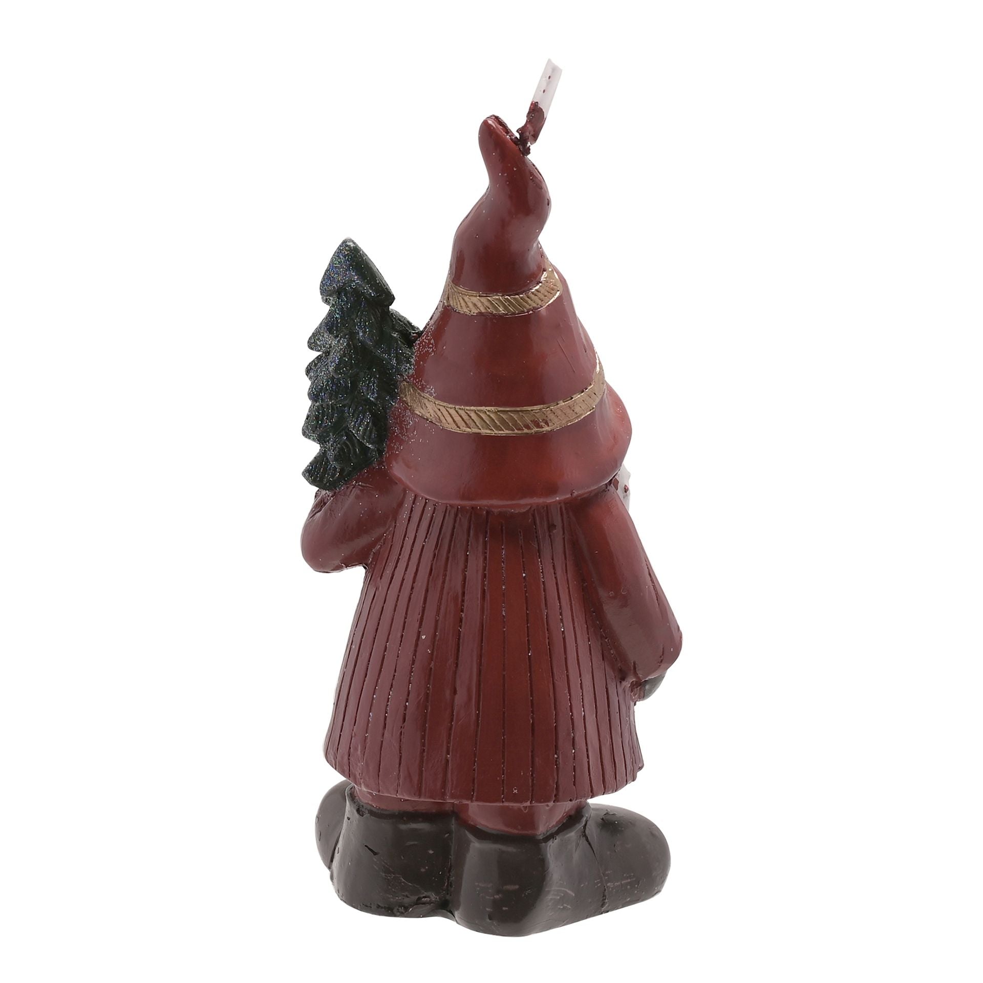 Candle shaped like a person in a red coat holding a tree on a white background