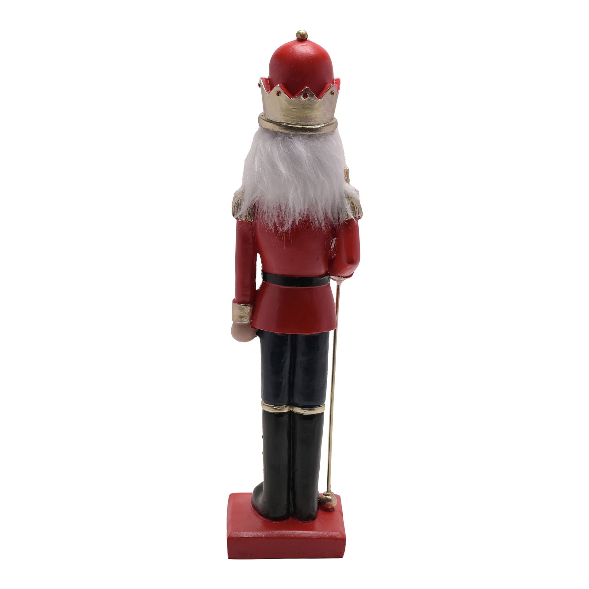 Nutcracker figurine in red uniform with a white beard on a white background