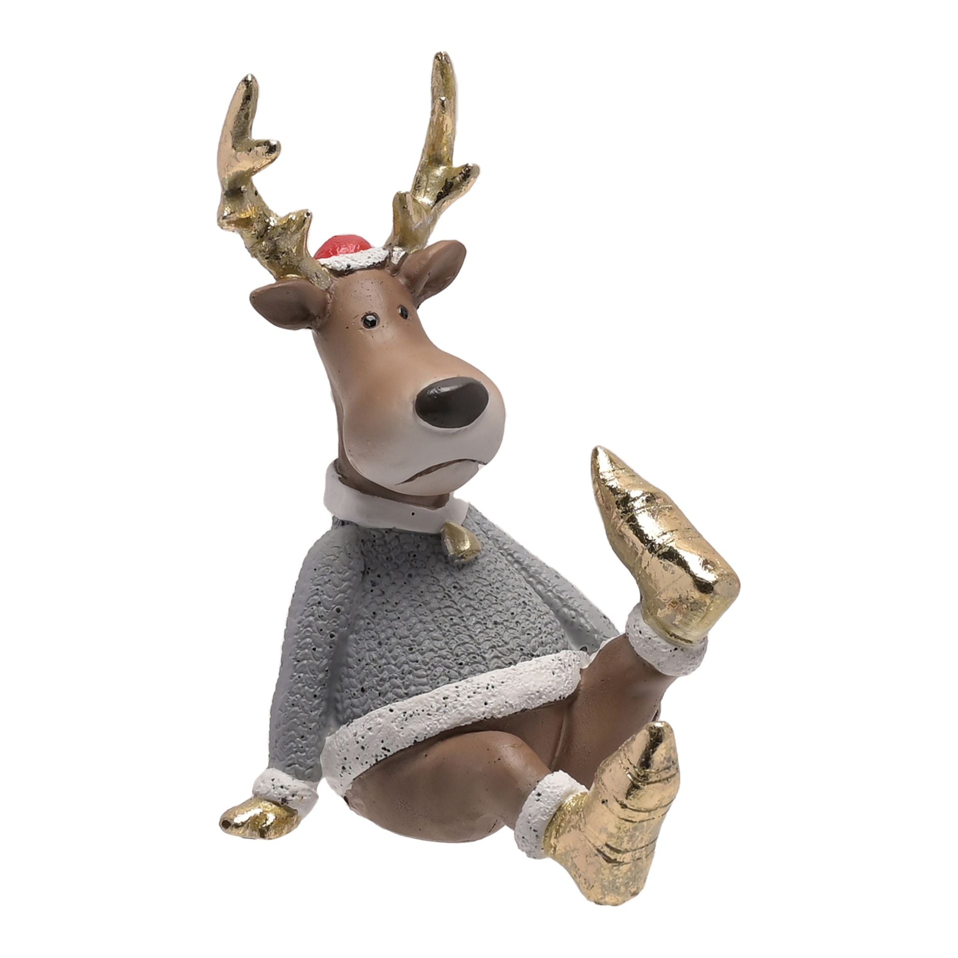 Decorative reindeer figurine wearing a sweater and gold shoes on a white background