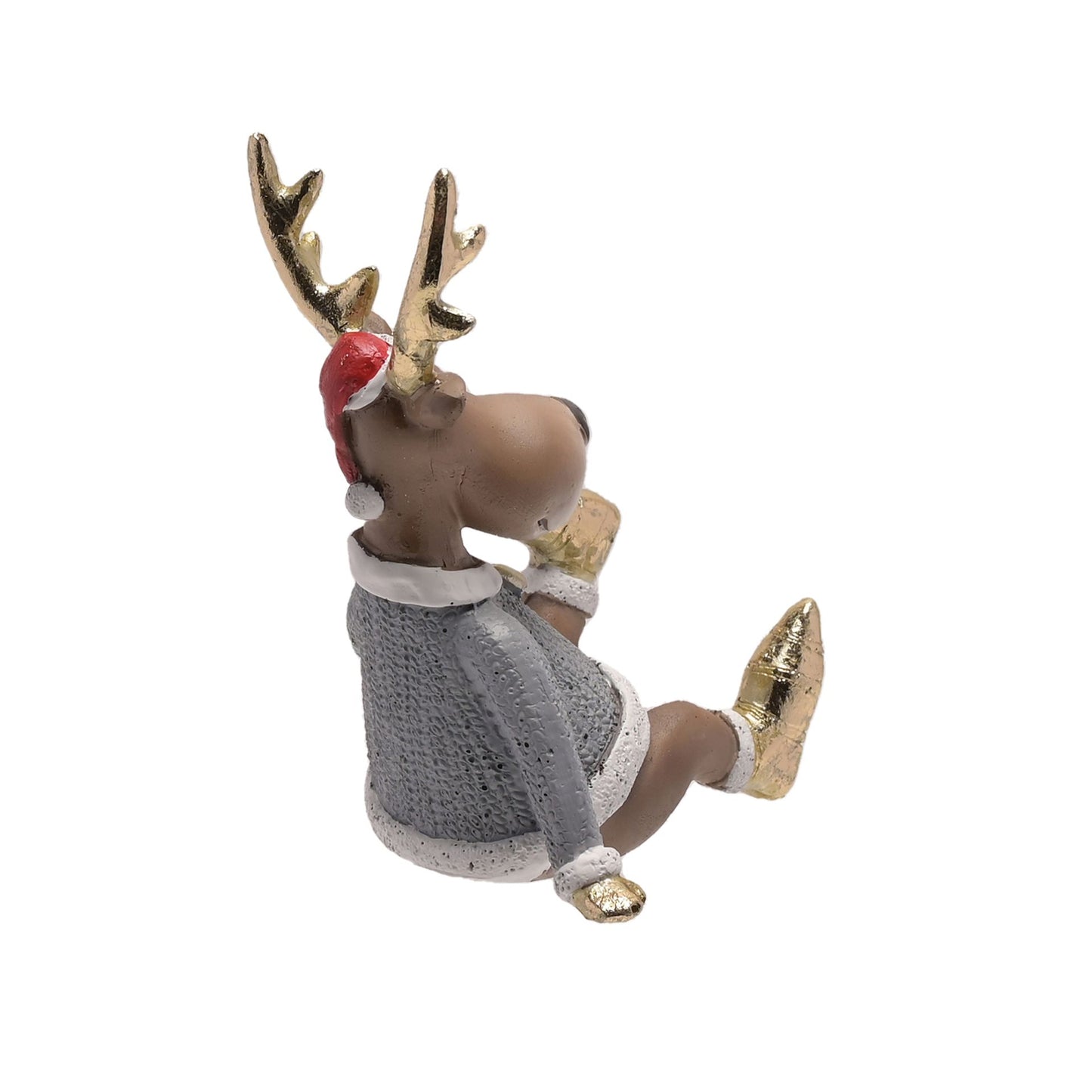 Decorative reindeer figurine wearing a sweater and hat on a white background