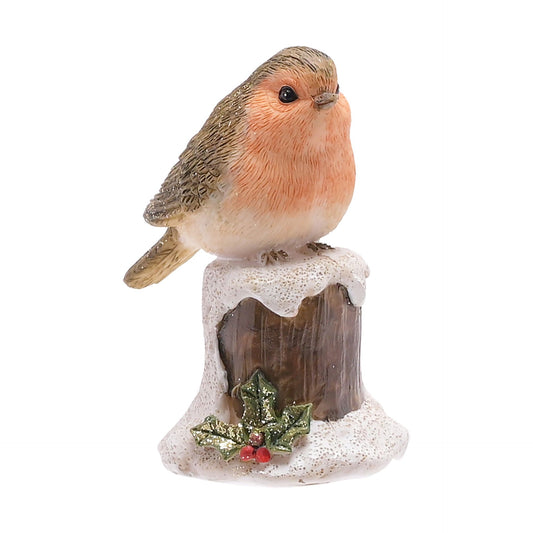 Robin on a tree stump covered in snow