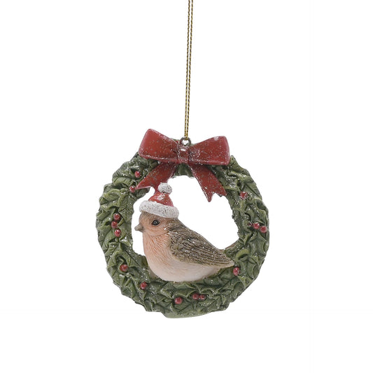 Christmas ornament with a bird in a wreath and red bow on a white background