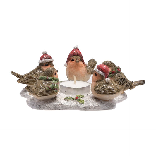 Decorative candle holder with five birds wearing red hats on a white background