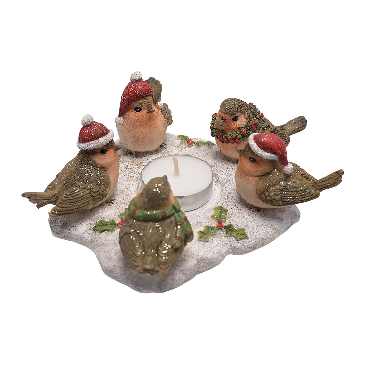 Decorative candle holder with bird figurines wearing Christmas hats and wreaths on a white background