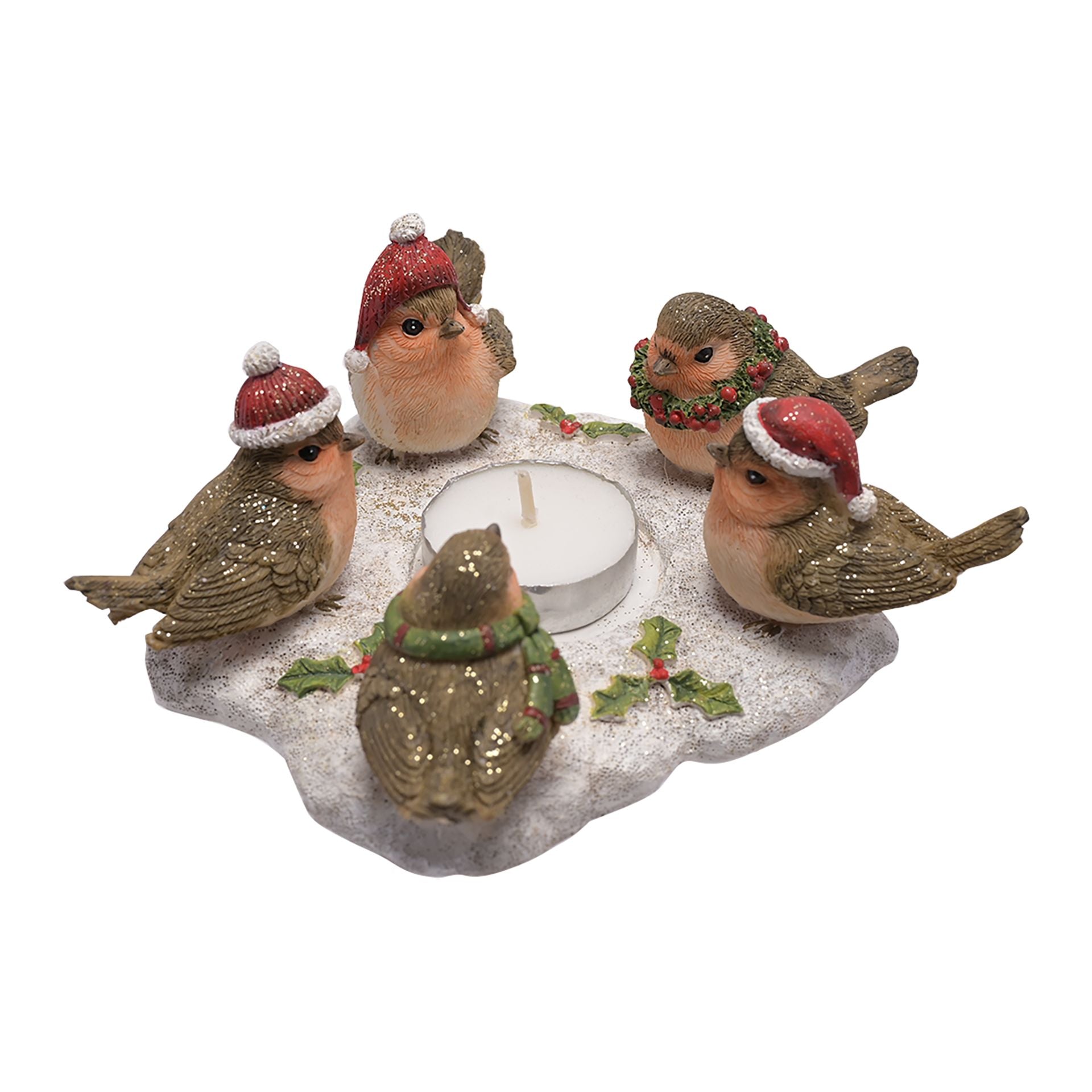 Decorative candle holder with bird figurines wearing Christmas hats and wreaths on a white background