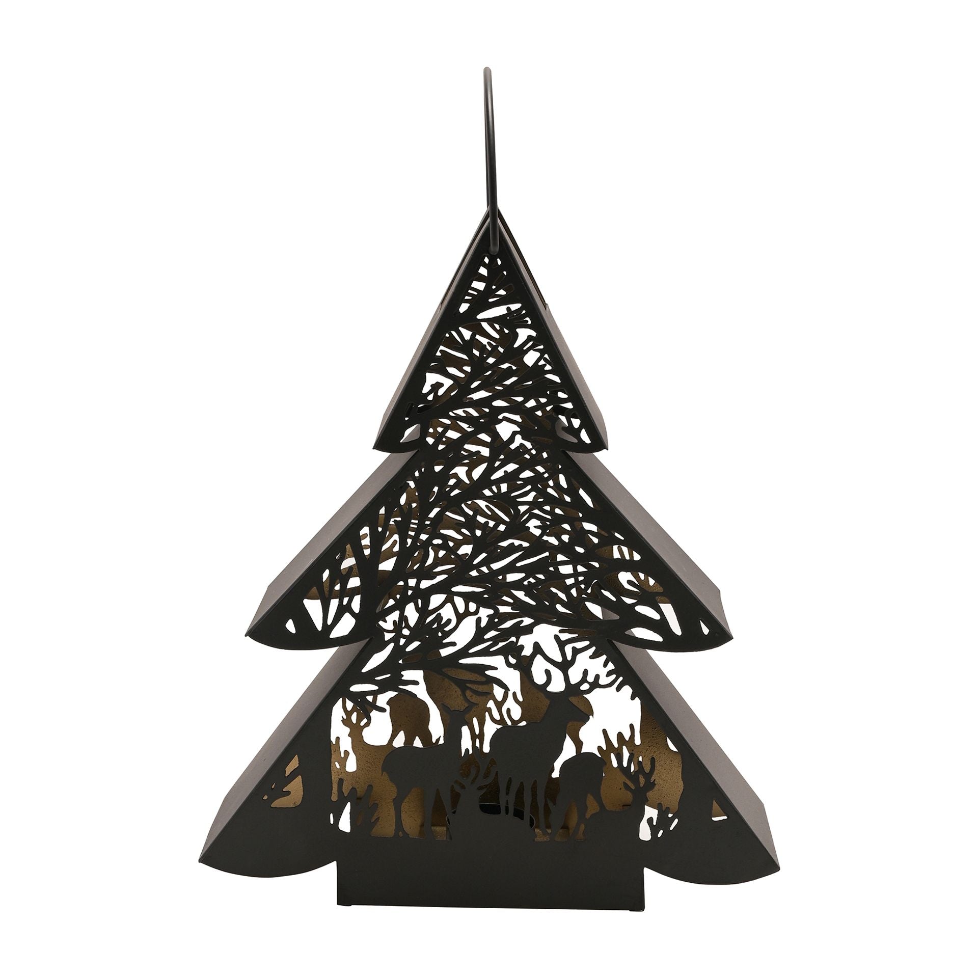 Decorative black metal tree-shaped ornament with cut-out designs on a white background