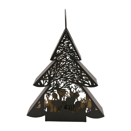 Decorative black metal tree-shaped ornament with cut-out designs on a white background