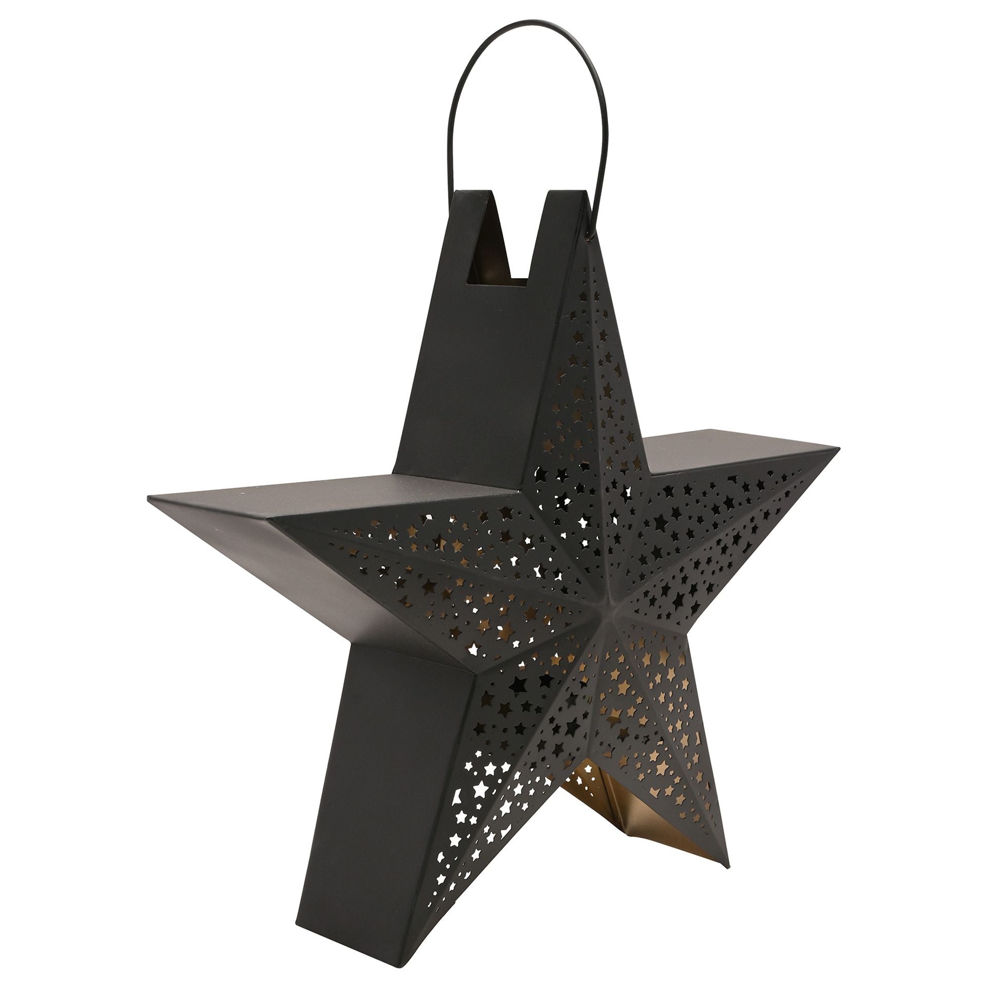 Black star-shaped lantern with cut-out patterns on a white background