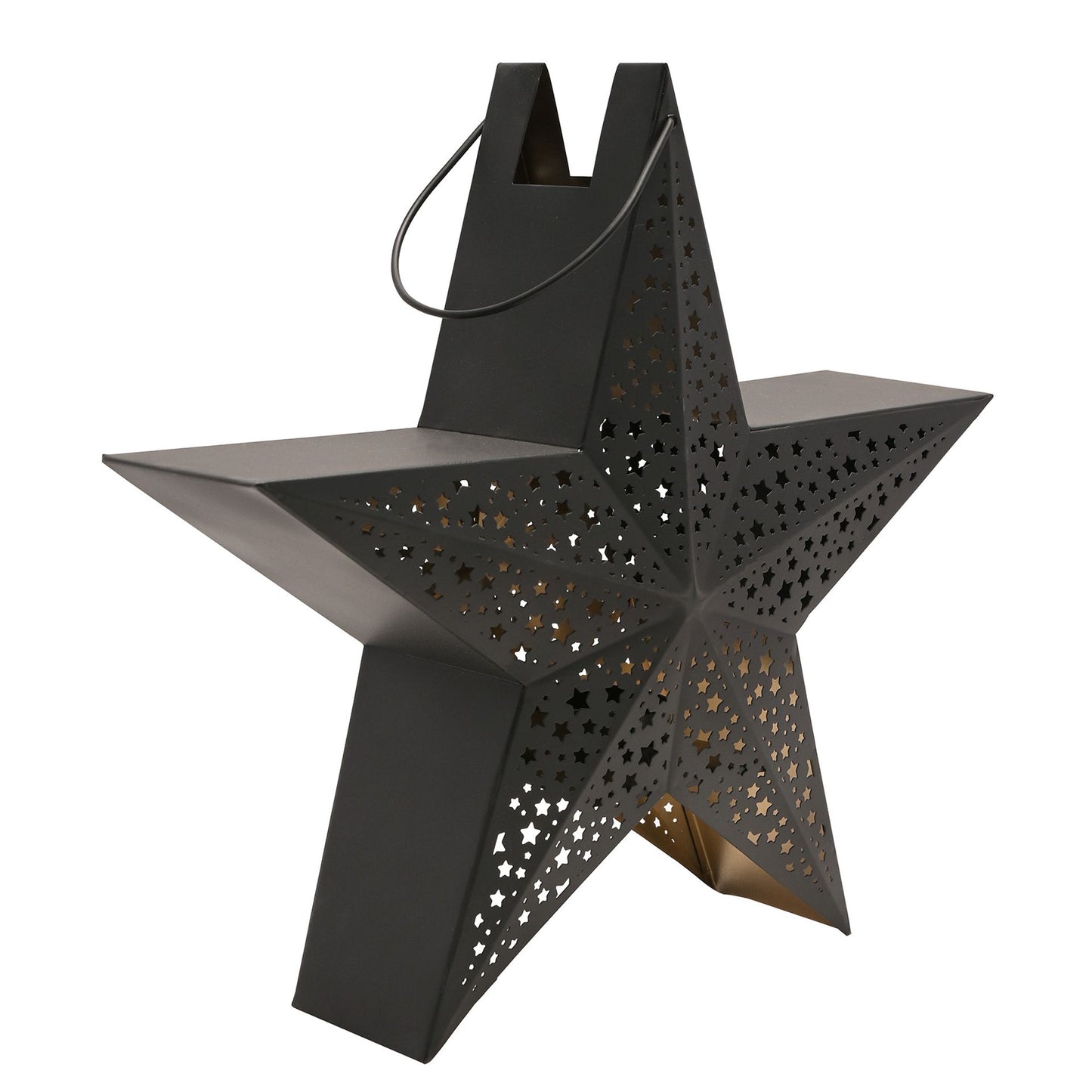 Black star-shaped lantern with cut-out patterns on a white background