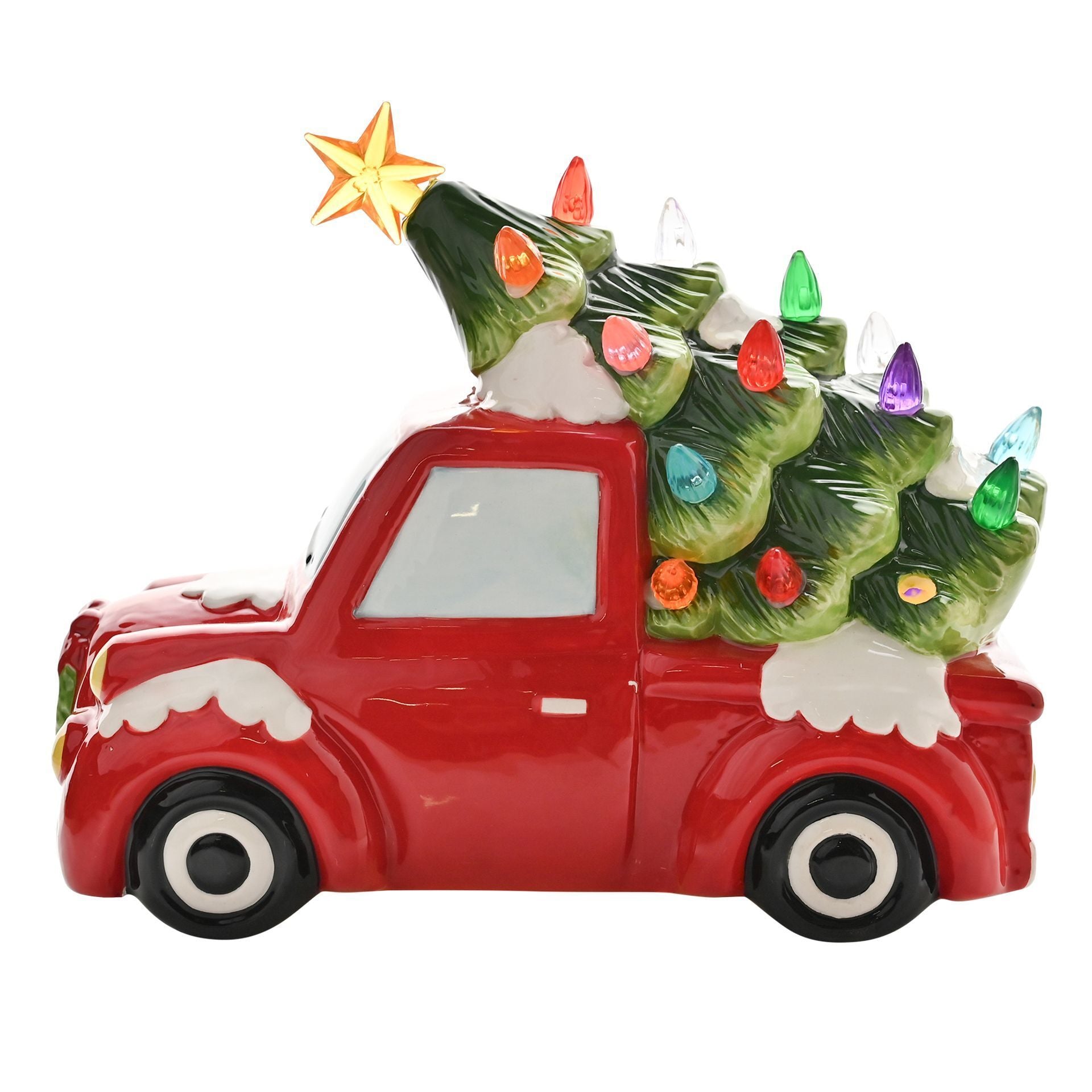 Red truck with a Christmas tree on top against a white background