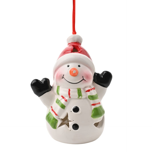 Decorative snowman ornament with a red hat, green scarf, and black gloves on a white background.