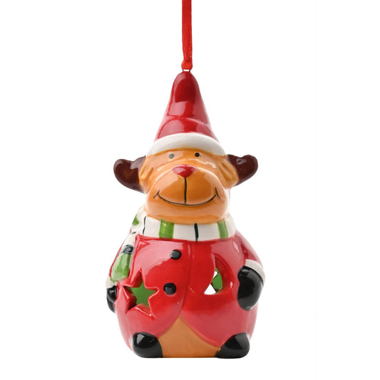 Christmas ornament shaped like a reindeer with a red hat on a white background