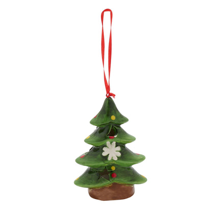 Green ceramic Christmas tree ornament with red and gold decorations on a white background