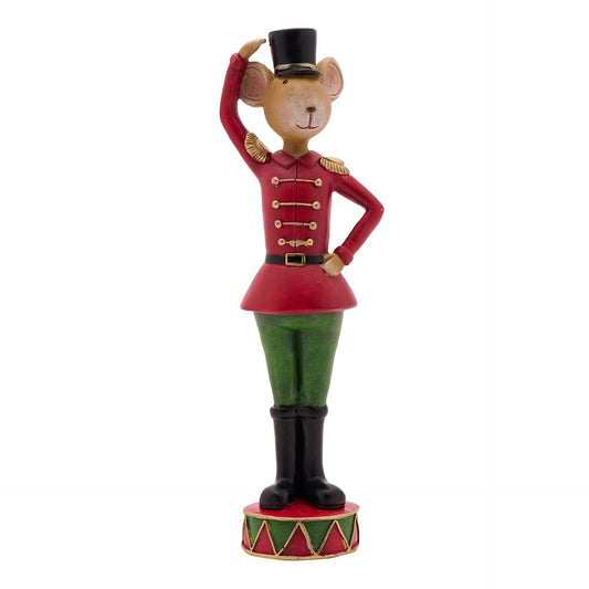 Figurine of a bear in a red uniform with a top hat on a white background