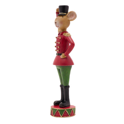 Figurine of a mouse in a red uniform with a top hat on a white background