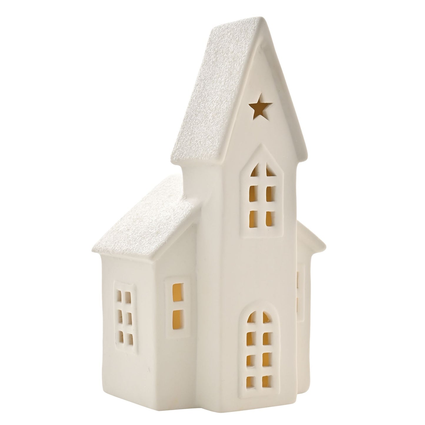 White ceramic church-shaped lantern with a star on a white background