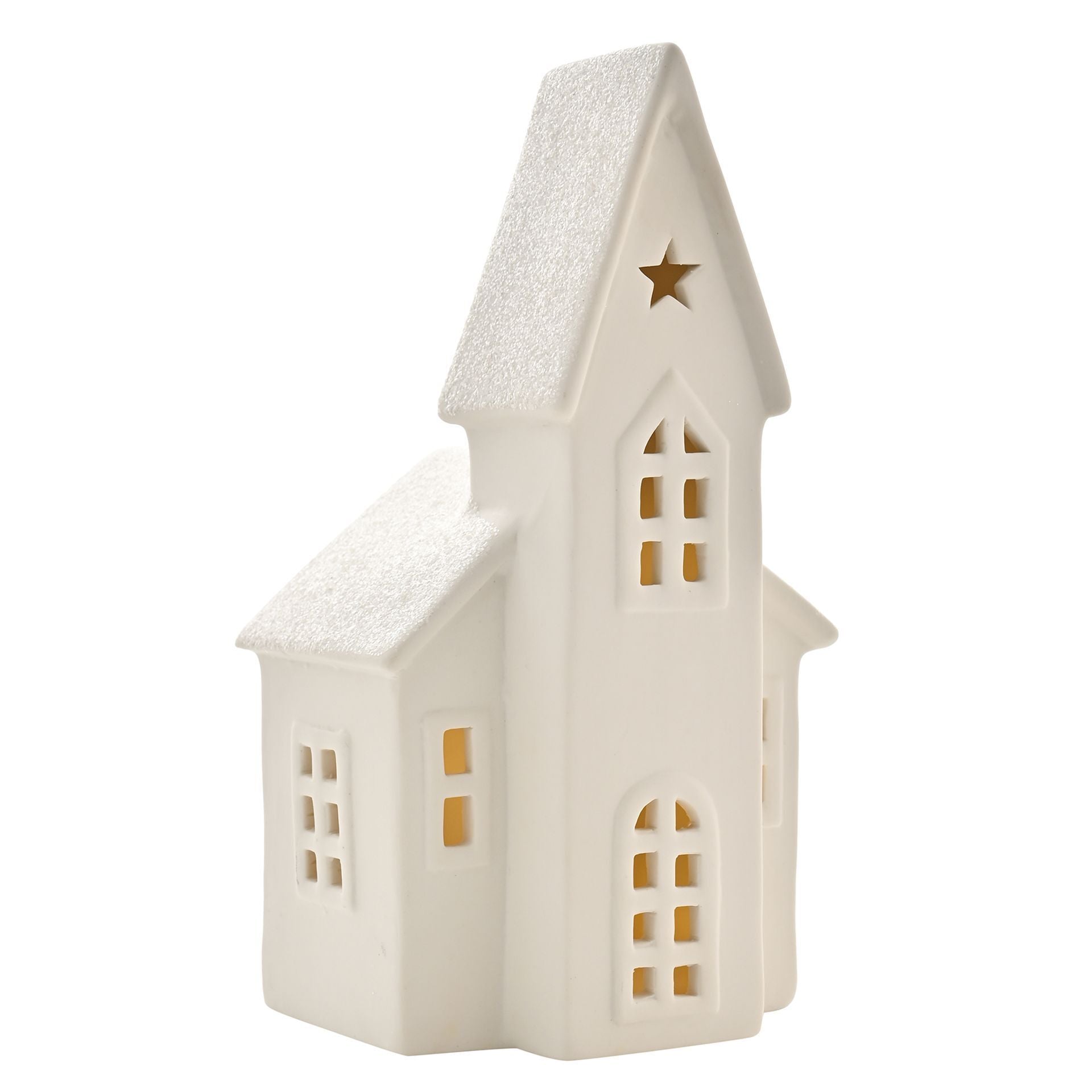 White ceramic church-shaped lantern with a star on a white background