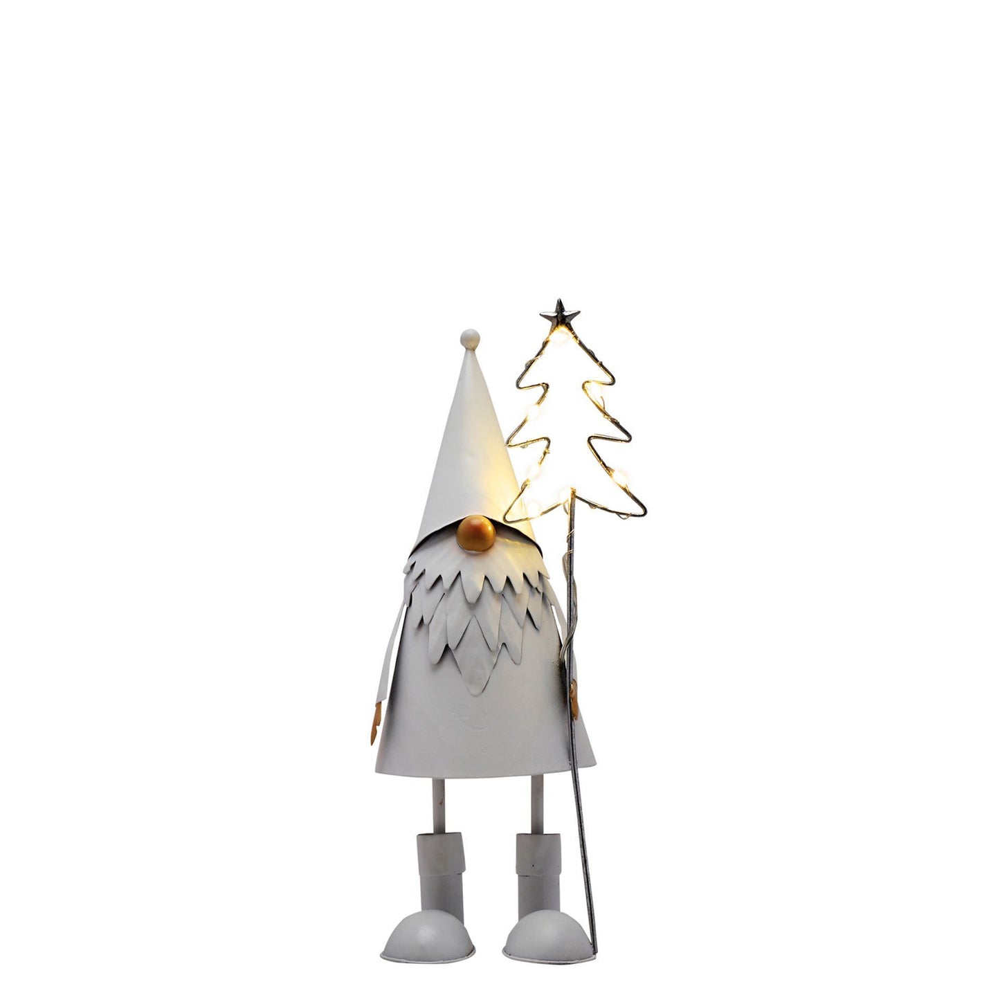 Decorative figure of a gnome with a white hat and beard, holding a small tree, on a white background.