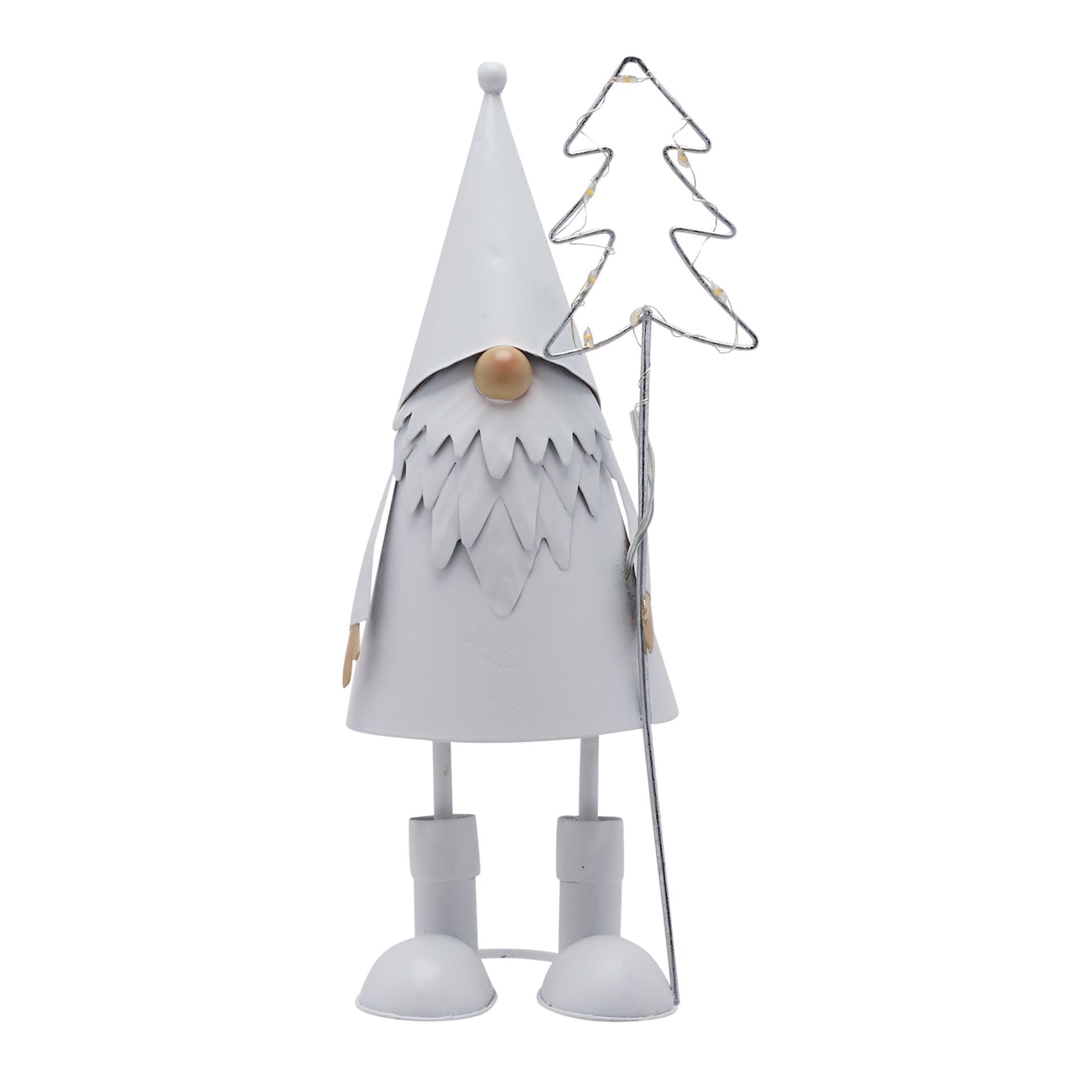 Decorative gnome figure with a white hat and boots, standing next to a wire tree on a white background.