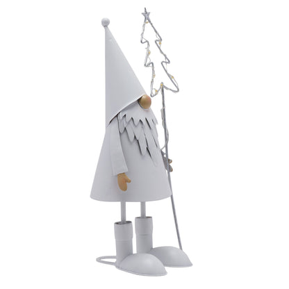 Decorative figure of a white gnome with a hat and boots, standing next to a silver tree-shaped light fixture on a white background.