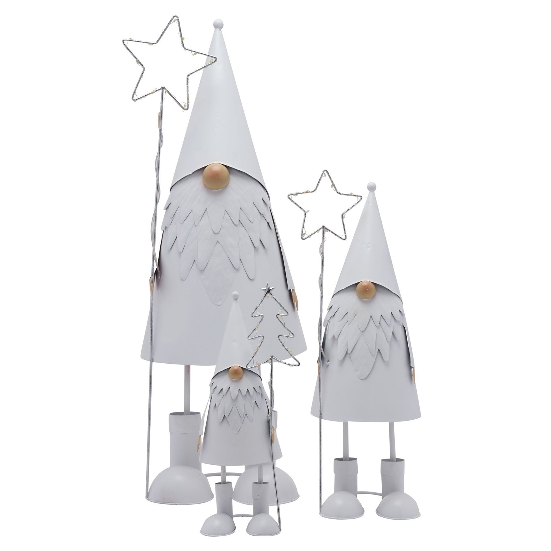 Two decorative gnomes with star-shaped stands on a white background